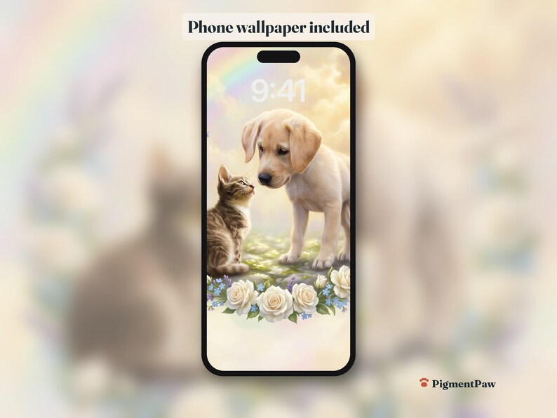 Phone lock screen with the tabby kitten and cream puppy portrait as wallpaper (included)