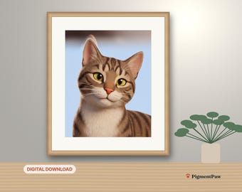 May include: A framed digital print featuring a brown tabby cat with yellow eyes and white chest fur. The artwork is displayed in a light wood frame. Below the frame, the text reads DIGITAL DOWNLOAD and PigmentPaw.