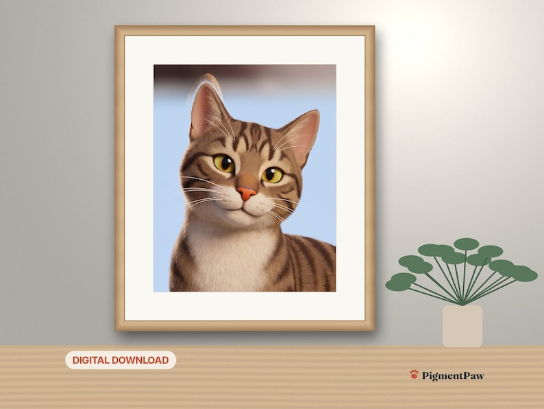 3D Cartoon Portrait: framed AI-styled portrait of a tabby cat in a room setting