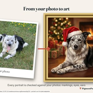 Before and after: original photo of a black-and-white ticked Border Collie next to the finished christmas gift bundle