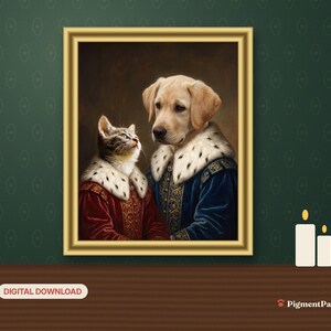 2-Pet Portrait: framed AI-styled portrait of a tabby kitten and cream puppy in a room setting