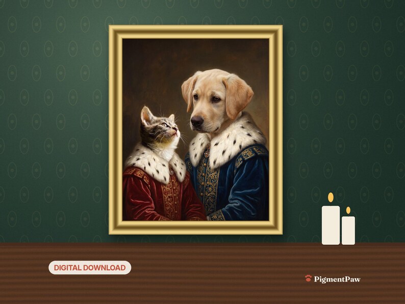 2-Pet Portrait: framed AI-styled portrait of a tabby kitten and cream puppy in a room setting
