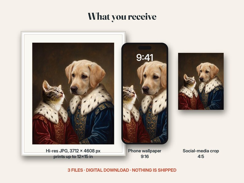 What you receive for the 2-pet portrait: the digital files included in this listing