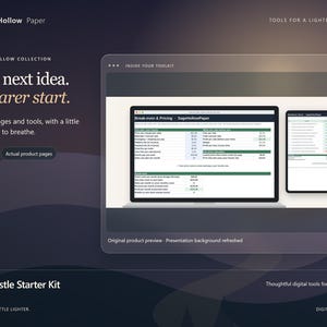 Op de afbeelding: Een digitale Side Hustle Starter Kit van SageHollow Paper met een laptop en smartphone die break-even en prijsspreadsheets weergeven. De interface bevat tekst zoals Your next idea. A clearer start. en Inside your toolkit.