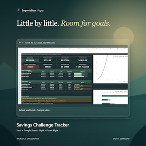 May include: A digital savings challenge tracker spreadsheet displayed on a dark green background. The interface features tables, charts, and text including 'Little by little. Room for goals.' and 'YOUR REAL EXCEL WORKBOOK' with various financial data points.