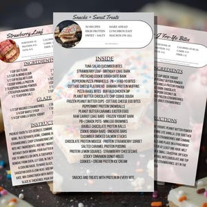 Op de afbeelding: Drie receptkaarten getiteld Snacks + Sweet Treats, Strawberry Loaf en PB + J Fro-Yo Bites. De kaarten bevatten ingrediënten, instructies en voedingsinformatie voor diverse snacks, voorzien van tekstoverlays en afbeeldingen van eten.