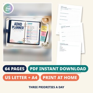 ADHD Planner Printable for Adults, 64 Pages, Undated Life Planner, Brain Dump, Daily Focus Sheets, Habit Trackers, Letter A4 A5