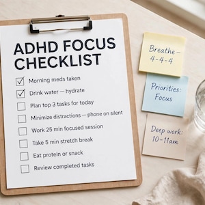 May include: A wooden clipboard holding a white paper with the black text ADHD FOCUS CHECKLIST and a list of tasks. Beside it are three colorful sticky notes with handwritten text, a black pen, and a clear glass of water.