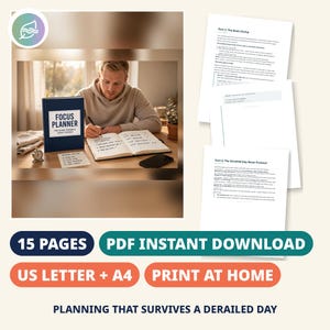 Focus Planner Printable, 15 Pages, ADHD Friendly Daily Planner With Brain Dump, Time Blocking and Weekly Review, PDF, US Letter