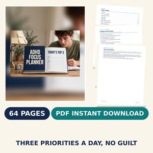ADHD Planner Printable for Adults, 64 Pages, Undated Life Planner, Brain Dump, Daily Focus Sheets, Habit Trackers, Letter A4 A5