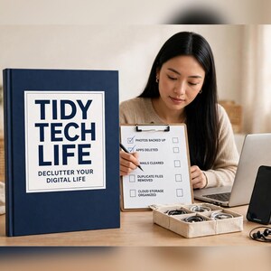 Tidy Tech Life Guide, 16 Pages, Digital Declutter System to Organize Your Phone, Files, Email and Photos, Printable PDF, US Letter