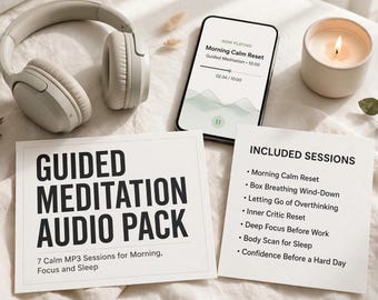 Pacchetto audio di meditazione guidata, 7 sessioni MP3 per il mattino, la concentrazione e il sonno, la respirazione, la scansione corporea e il reset del critico interiore, download.