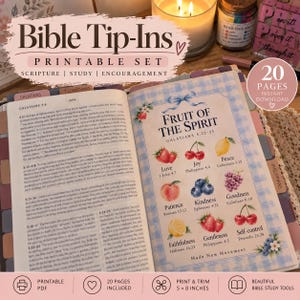 May include: A printable Bible tip-in set featuring 20 pages of scripture study tools. The open book displays a Fruit of the Spirit page with watercolor illustrations of fruits labeled with virtues like Love, Joy, Peace, and Patience, alongside Bible verse references.