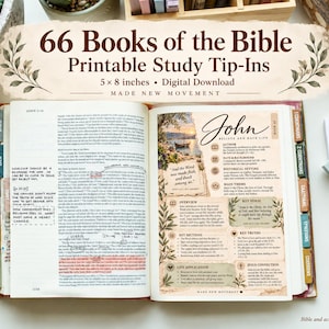 May include: A Bible study tip-in page featuring the text 66 Books of the Bible Printable Study Tip-Ins 5 x 8 inches Digital Download Made New Movement. The page displays a detailed overview of the Book of John with floral illustrations.