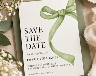 May include: A white rectangular Save the Date card featuring a watercolour sage green ribbon tied in a bow. The text reads: SAVE THE DATE for the wedding of CHARLOTTE & JAMES FRIDAY 25th JUNE 2026 BEAMISH HALL, STANLEY, DH9 0YB formal invitation to follow.