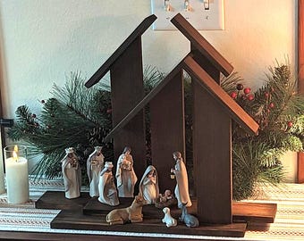 Plano de carpintería para establo de la Natividad de estilo moderno de mediados de siglo, descarga en PDF, casa de la Natividad navideña para armar uno mismo, plano de escena de pesebre de madera