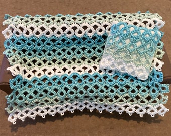 Calm waves Hand Tatted aqua, blue, and white miniature Afghan with matching  pillow with tatted accent