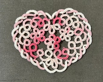 Hand Tatted Heart Doily with Flower Center and celtic overlapping scalloped border