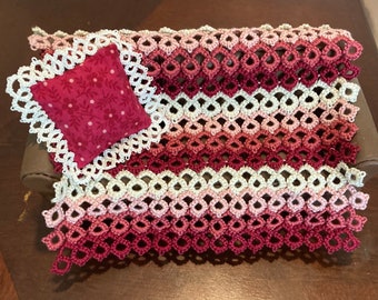 Hand Tatted berry, pinks, and white miniature Afghan with matching floral pillow with tatted border