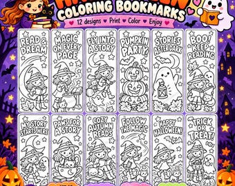 Halloween Coloring Bookmarks, 12 Printable Designs, 4.5 x 15 cm, A4 PDF