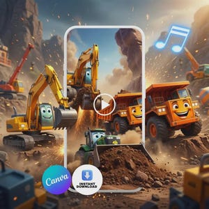 Animated Construction Birthday Invitation: Dump Truck, Excavator, Digger Party (Canva Template)