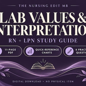 Op de afbeelding: Een digitale studiegids getiteld THE NURSING EDIT MB LAB VALUES & INTERPRETATION RN + LPN STUDY GUIDE. Het bevat drie ovale iconen die een 11-pagina PDF, snelle referentietabellen en 6 oefenvragen benadrukken op een donkerpaarse achtergrond.