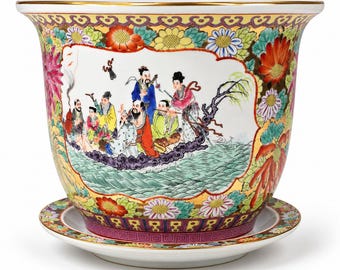 Porzellan-Übertopf mit Untertasse, Motiv: Acht Unsterbliche, Chinesische Rosenmedaillon, Famille Rose Jardiniere