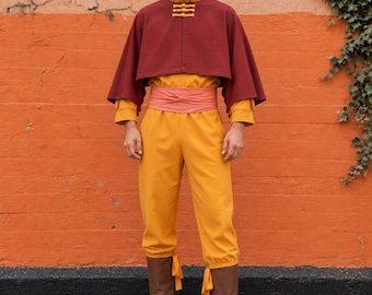 Aang Avatar Cosplay Costume Set, Burgundy Cape, Yellow Tunic, Cotton Blend (Adults & Kids)