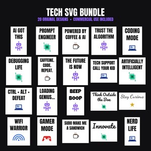 Pacchetto SVG tecnologico con 20 design, SVG AI per Cricut, file di taglio SVG per la programmazione, SVG divertente per magliette da programmatore, PNG per sublimazione tecnologica