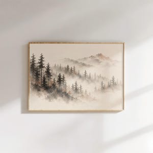 Mountain Forest Watercolor Print, Misty Pine Trees Landscape, Rustic Autumn Wall Art