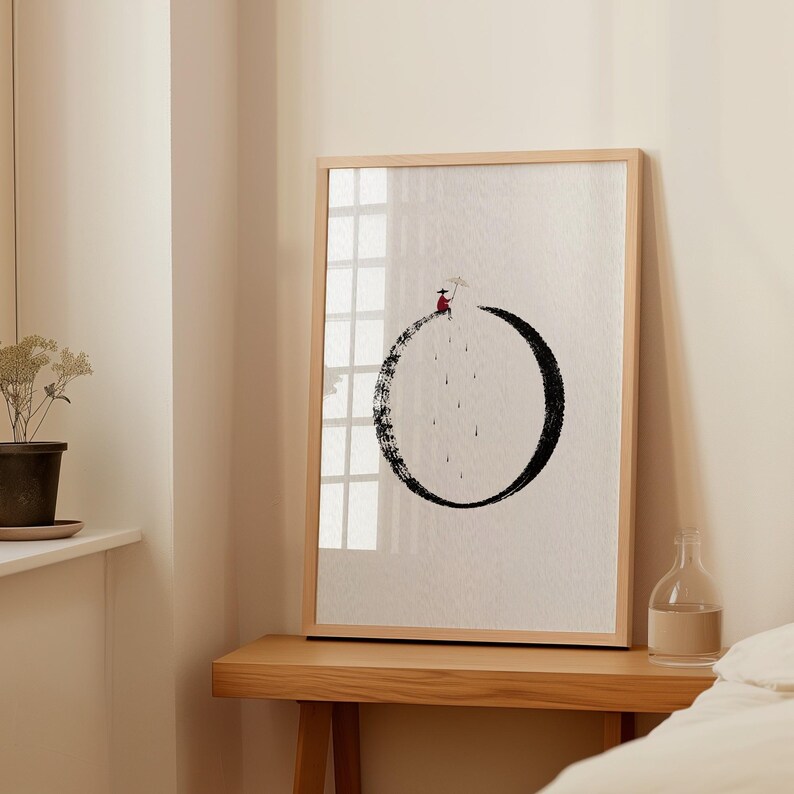 Zen Circle Art Print, Minimalist Japanese Rain Wall Decor, Red Umbrella ...