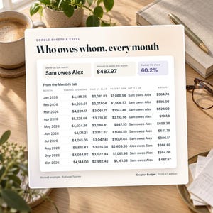 May include: A digital spreadsheet titled Google Sheets & Excel Who owes whom, every month. It displays a financial table for 2026 with columns for shared spending, payments by Alex and Sam, and settlement amounts, showing Sam owes Alex $487.97.