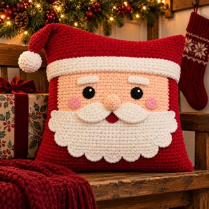 May include: A square crochet cushion designed to look like Santa Claus, featuring a red hat with a white pom-pom, a peach-coloured face, black eyes, pink cheeks, and a large white beard. The cushion is crafted with a dense, textured stitch.