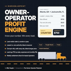 May include: A digital graphic titled Owner-Operator Profit Engine by BigRigBlueprint. It features a load verdict box showing Atlanta to Jacksonville, a truck illustration, and a list of features including Excel, Google Sheets, and 11 tabs.