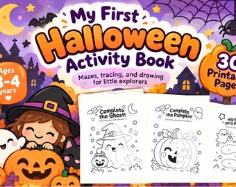 Cahier d'activités d'Halloween pour les tout-petits de 3 à 4 ans, feuilles d'activités imprimables pour la maternelle, tracés, labyrinthes et coloriages, téléchargement numérique