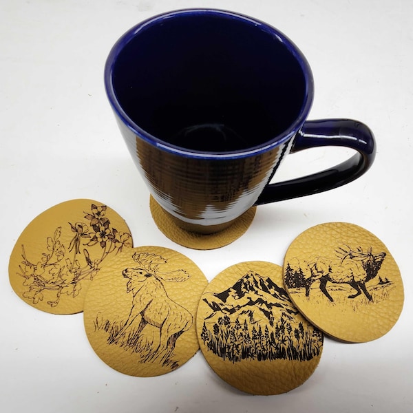 Leather Coasters circle - 3  5/8" - Mix and Match designs and colors - 1 line of text available - set of 4