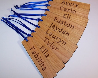 300  1.0" x 4.0" x 3/32" assorted wood Bookmarks engraved 2 sides with tassels