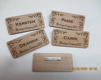 7 Laser Engraved real wood custom nametags  2" x 3.5" x .10" thick with magnet back
