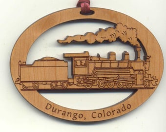 Train - personalized - Laser Engraved Cherry wood 3" ornament with ribbon