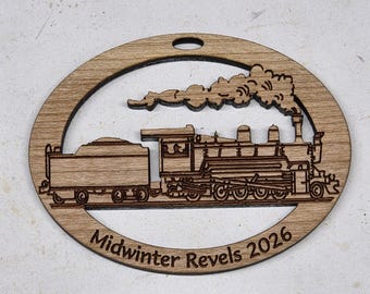 600  Laser Engraved Cherry real wood train ornament with ribbon - 3"