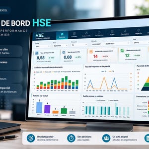 May include: A computer monitor displaying an HSE dashboard in Excel, featuring various data charts, graphs, and performance indicators. The screen shows metrics like frequency rates, incident counts, and a safety pyramid, with text in French throughout the interface.