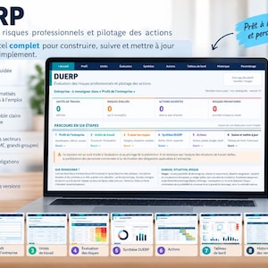 May include: A laptop screen displaying a DUERP professional risk assessment Excel dashboard. The interface features a six-step process, automated calculations, and various data tracking tabs. Nine smaller thumbnail previews are shown below.