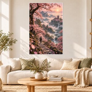 Tryck med körsbärsblommor i lunden | Väggkonst med japansk sakura | Poster med vårblommor i landskapet bild 1