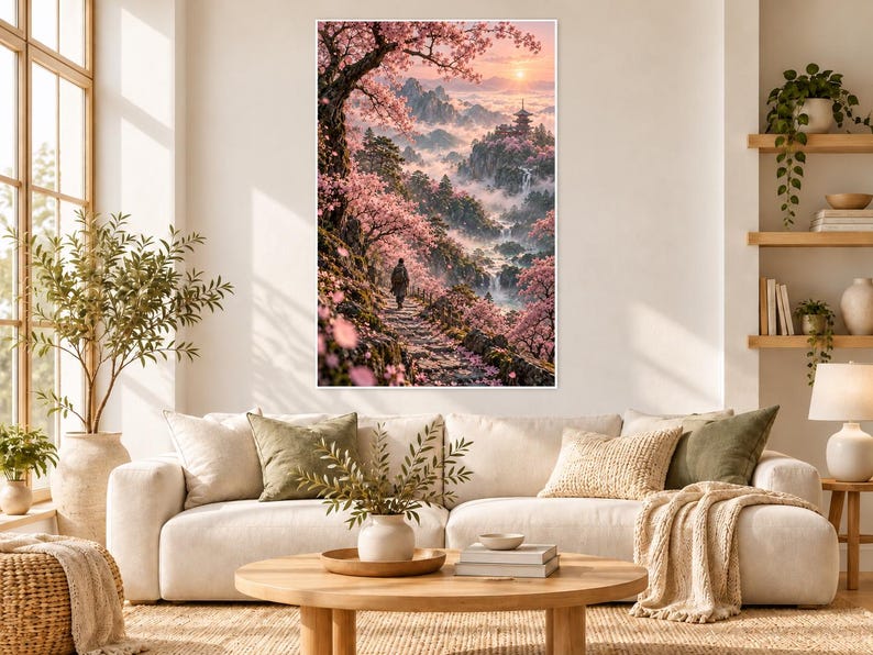 Tryck med körsbärsblommor i lunden | Väggkonst med japansk sakura | Poster med vårblommor i landskapet bild 1