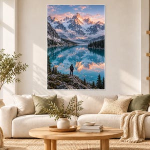 Puede incluir: Un cuadro rectangular que muestra un paisaje de monta&ntilde;as nevadas reflejadas en un lago tranquilo. Una figura solitaria se encuentra sobre un saliente rocoso en primer plano, rodeada de pinos bajo un cielo de tonos rosados y azules.