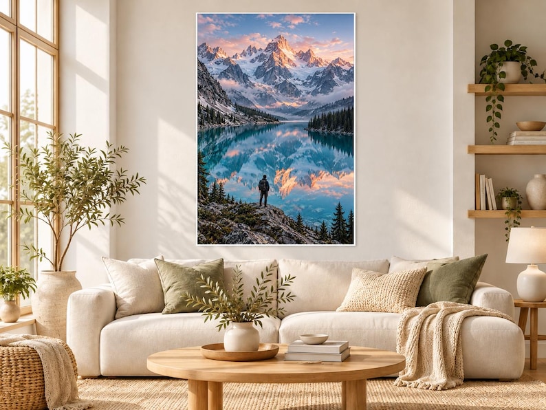 Puede incluir: Un cuadro rectangular que muestra un paisaje de monta&ntilde;as nevadas reflejadas en un lago tranquilo. Una figura solitaria se encuentra sobre un saliente rocoso en primer plano, rodeada de pinos bajo un cielo de tonos rosados y azules.