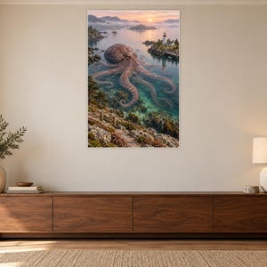Octopus Art Print | Coastal Lighthouse Fantasy Wall Decor image 3