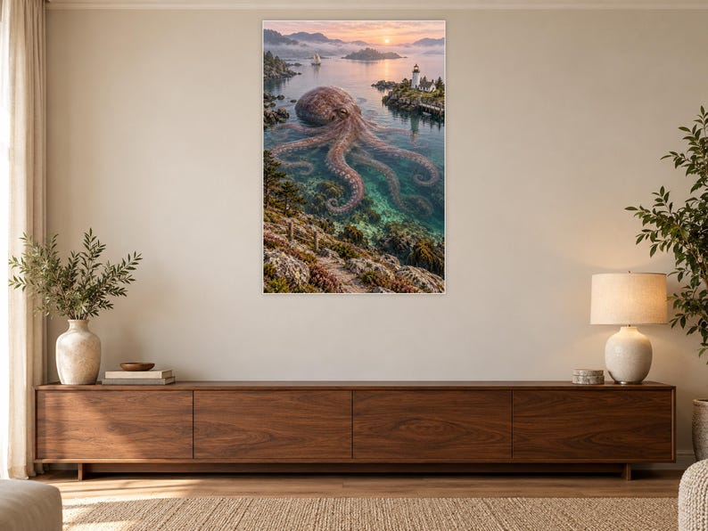 Octopus Art Print | Coastal Lighthouse Fantasy Wall Decor image 3