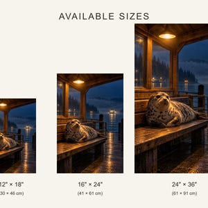 May include: Three wall art prints featuring a spotted seal resting on a wooden dock bench at night, with a lit shelter and a distant boat on the water. Available sizes include 12" x 18", 16" x 24", and 24" x 36" with text reading AVAILABLE SIZES.