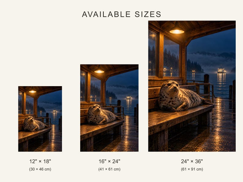 May include: Three wall art prints featuring a spotted seal resting on a wooden dock bench at night, with a lit shelter and a distant boat on the water. Available sizes include 12" x 18", 16" x 24", and 24" x 36" with text reading AVAILABLE SIZES.